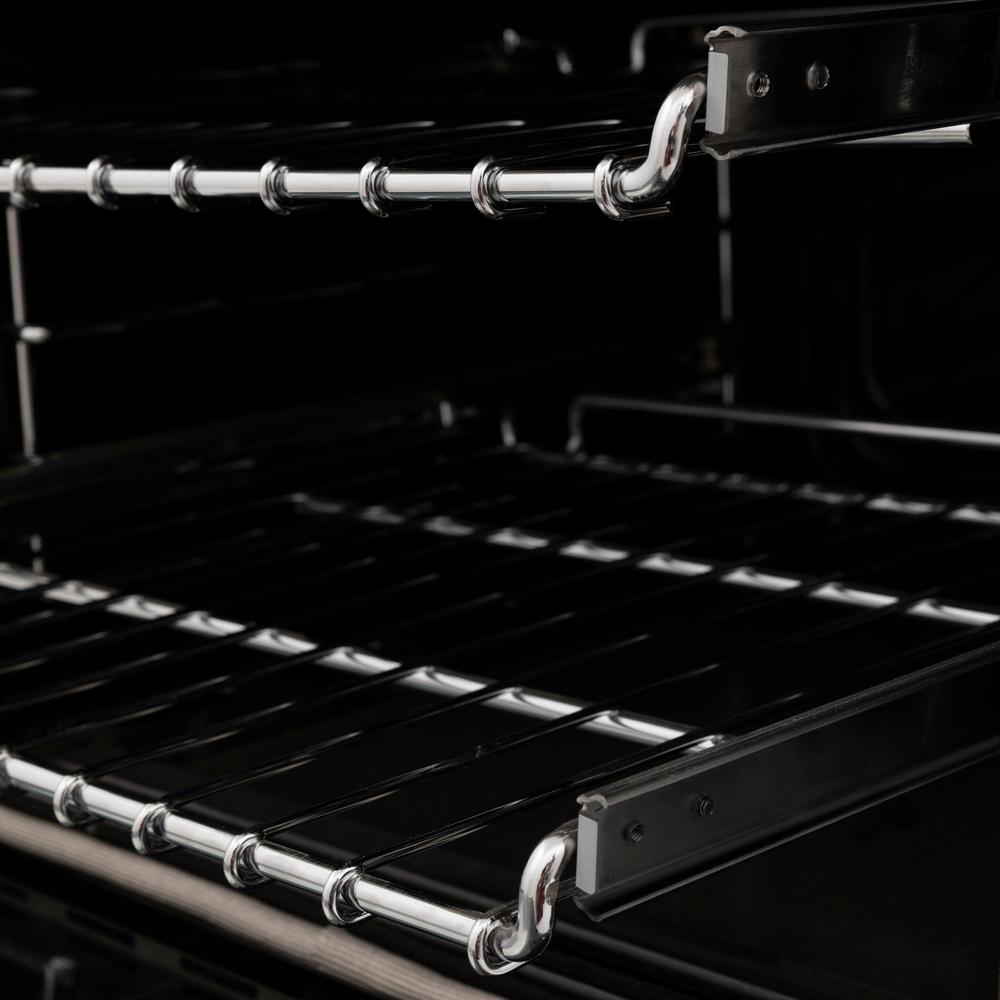Close-up of oven racks inside a ZLINE Autograph Edition 36 in. 4.6 cu. ft. Legacy Dual Fuel Range with 6 Burner Gas Cooktop and Electric Convection Oven in Stainless Steel and Champagne Bronze Accents (RAZ-36-CB)