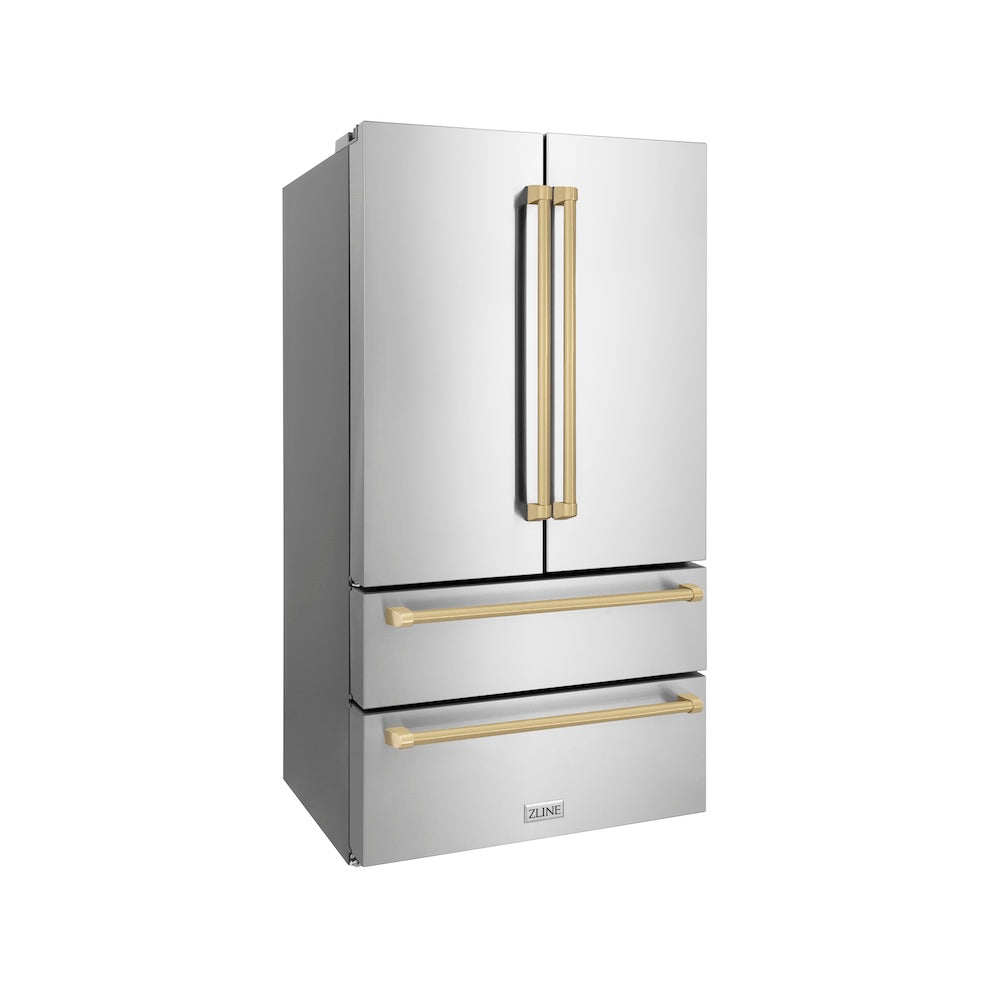 ZLINE Autograph Edition 36 in. 22.5 cu. ft. Counter-Depth French Door Refrigerator with Ice Maker in Fingerprint-Resistant Stainless Steel with Champagne Bronze Traditional Handles (RFMZ-36-CB) side, closed.
