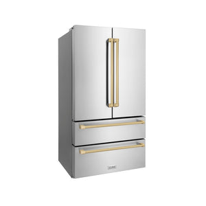 ZLINE Autograph Edition 36 in. 22.5 cu. ft. Counter-Depth French Door Refrigerator with Ice Maker in Fingerprint-Resistant Stainless Steel with Champagne Bronze Traditional Handles (RFMZ-36-CB) side, closed.