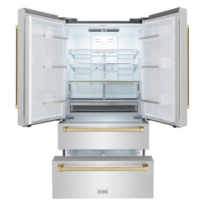 ZLINE Autograph Edition 36 in. 22.5 cu. ft. Counter-Depth French Door Refrigerator with Ice Maker in Fingerprint-Resistant Stainless Steel with Champagne Bronze Traditional Handles (RFMZ-36-CB) front, refrigeration compartment and bottom freezer drawers open.