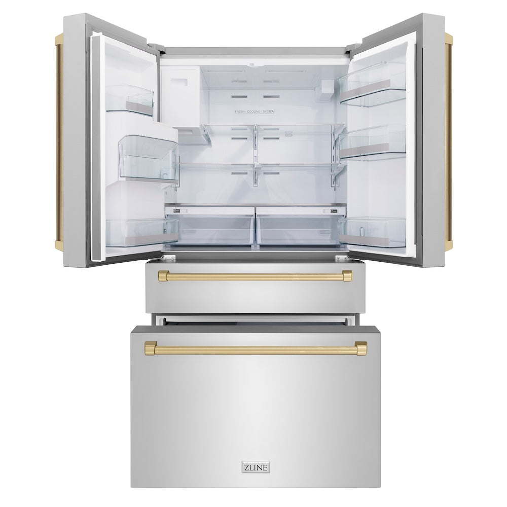 ZLINE Autograph Edition 36 in. 21.6 cu. ft. Counter-Depth French Door Refrigerator with Water and Ice Dispenser in Fingerprint-Resistant Stainless Steel with Champagne Bronze Traditional Handles (RFMZ-W-36-CB) front, refrigeration compartment and bottom freezer drawers open.