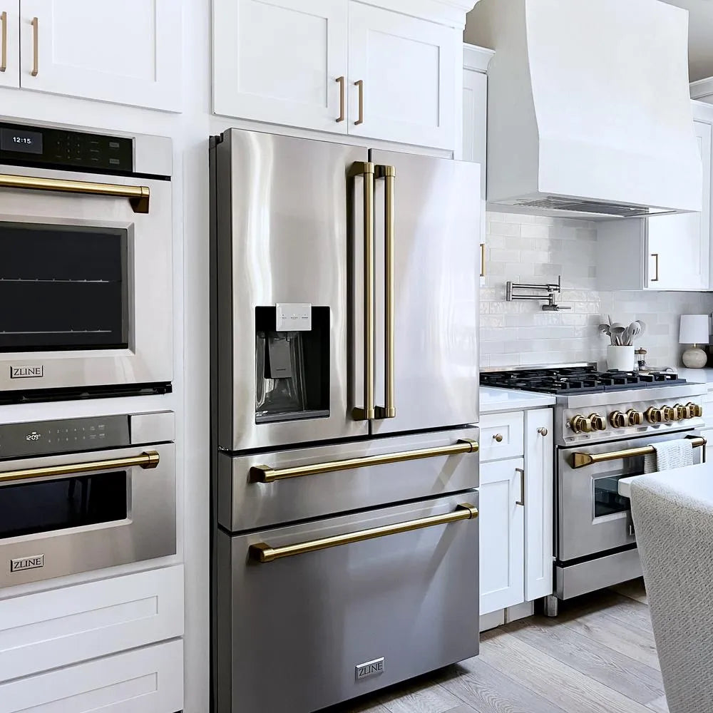 Farmhouse kitchen with stainless steel appliances, including a refrigerator and  ZLINE Autograph Edition 36 in. 4.6 cu. ft. Legacy Dual Fuel Range with 6 Burner Gas Cooktop and Electric Convection Oven in Stainless Steel and Champagne Bronze Accents (RAZ-36-CB)