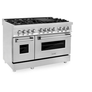 ZLINE 48 in. 6.0 cu. ft. Legacy Dual Fuel Range with 7 Burner Gas Cooktop and 2 Electric Ovens in Stainless Steel (RA48) side.
