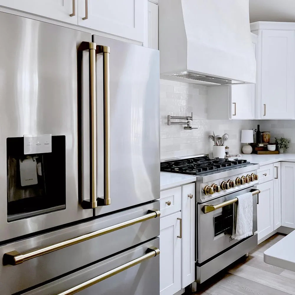 Farmhouse kitchen with ZLINE Autograph Edition 36 in. 4.6 cu. ft. Legacy Dual Fuel Range with 6 Burner Gas Cooktop and Electric Convection Oven in Stainless Steel and Champagne Bronze Accents (RAZ-36-CB) and white cabinets