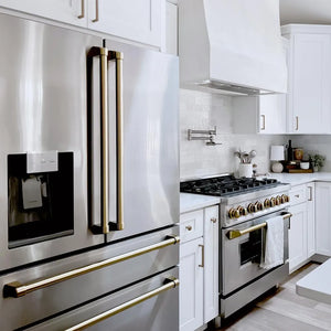Farmhouse kitchen with ZLINE Autograph Edition 36 in. 4.6 cu. ft. Legacy Dual Fuel Range with 6 Burner Gas Cooktop and Electric Convection Oven in Stainless Steel and Champagne Bronze Accents (RAZ-36-CB) and white cabinets