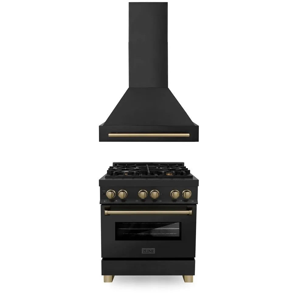 ZLINE Autograph Edition 30 in. Kitchen Package with Black Stainless Steel Dual Fuel Range and Range Hood with Champagne Bronze Accents (2AKP-RABRH30-CB) main image.
