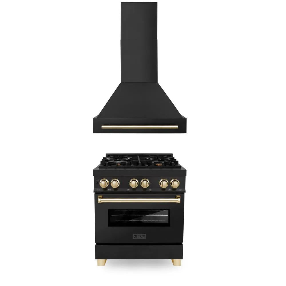 ZLINE Autograph Edition 30 in. Kitchen Package with Black Stainless Steel Dual Fuel Range and Range Hood with Polished Gold Accents (2AKP-RABRH30-G) main image.