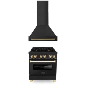 ZLINE Autograph Edition 30 in. Kitchen Package with Black Stainless Steel Dual Fuel Range and Range Hood with Polished Gold Accents (2AKP-RABRH30-G) main image.