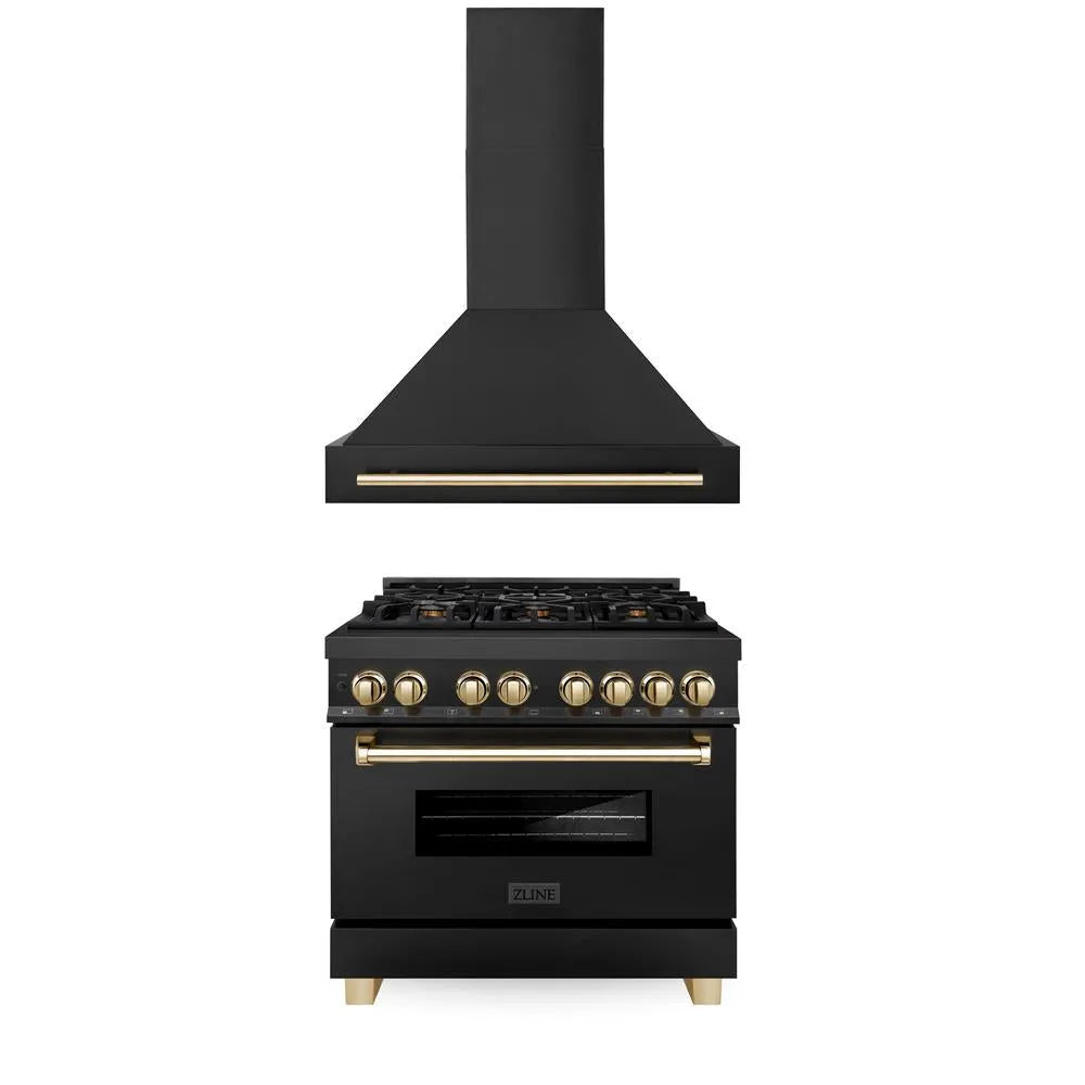 ZLINE Autograph Edition 36 in. Kitchen Package with Black Stainless Steel Dual Fuel Range and Range Hood with Polished Gold Accents (2AKP-RABRH36-G) main image.