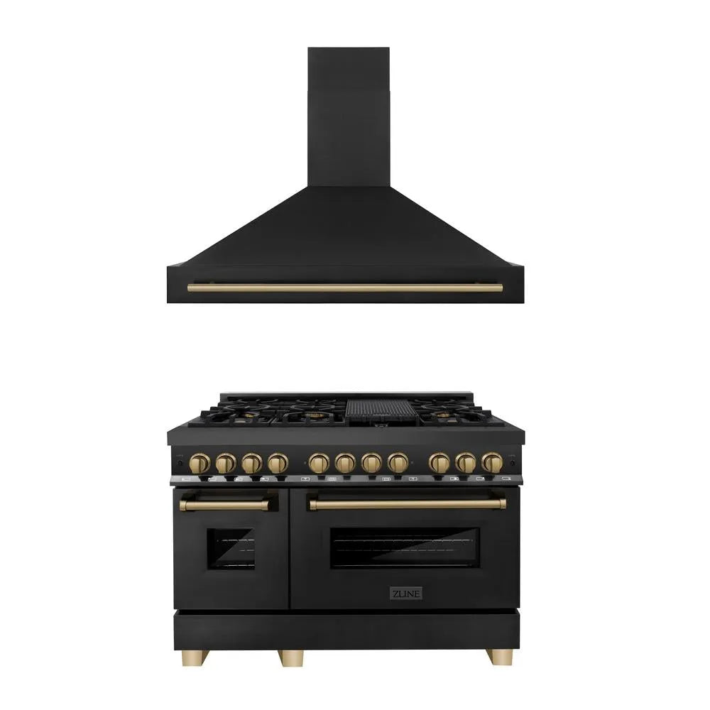 ZLINE Autograph Edition 48 in. Kitchen Package with Black Stainless Steel Dual Fuel Range and Range Hood with Champagne Bronze Accents (2AKP-RABRH48-CB) main image.
