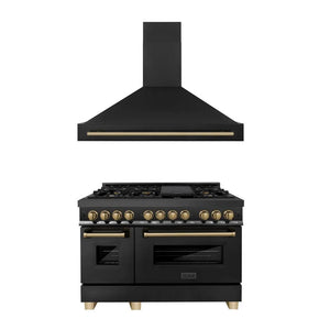 ZLINE Autograph Edition 48 in. Kitchen Package with Black Stainless Steel Dual Fuel Range and Range Hood with Champagne Bronze Accents (2AKP-RABRH48-CB) main image.