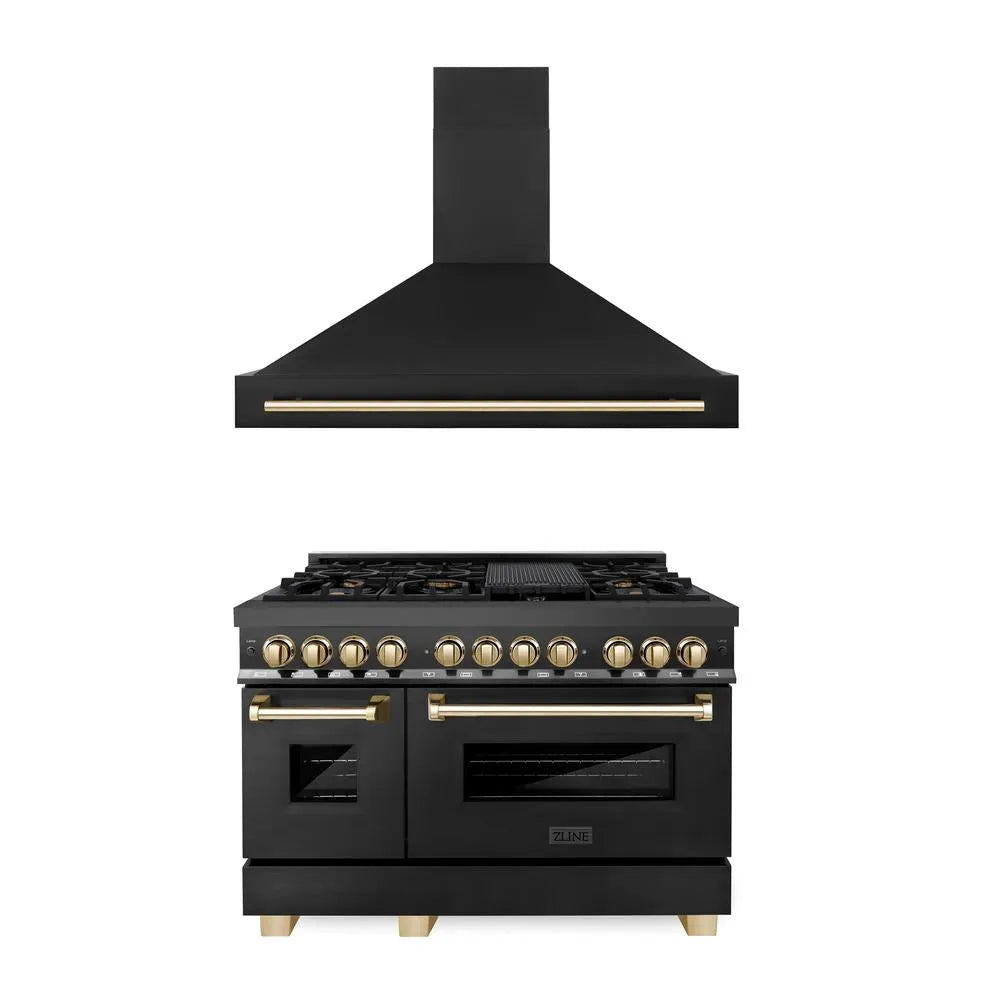 ZLINE Autograph Edition 48 in. Kitchen Package with Black Stainless Steel Dual Fuel Range and Range Hood with Polished Gold Accents (2AKP-RABRH48-G) main image.