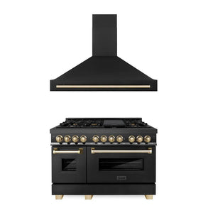ZLINE Autograph Edition 48 in. Kitchen Package with Black Stainless Steel Dual Fuel Range and Range Hood with Polished Gold Accents (2AKP-RABRH48-G) main image.