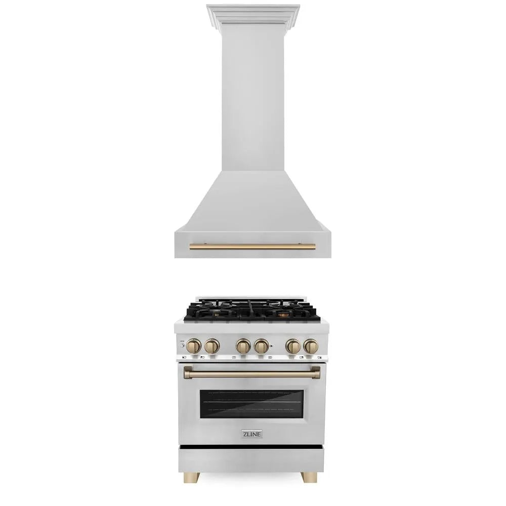 ZLINE Autograph Edition 30 in. Kitchen Package with Stainless Steel Dual Fuel Range and Range Hood with Champagne Bronze Accents (2AKP-RARH30-CB) main image.