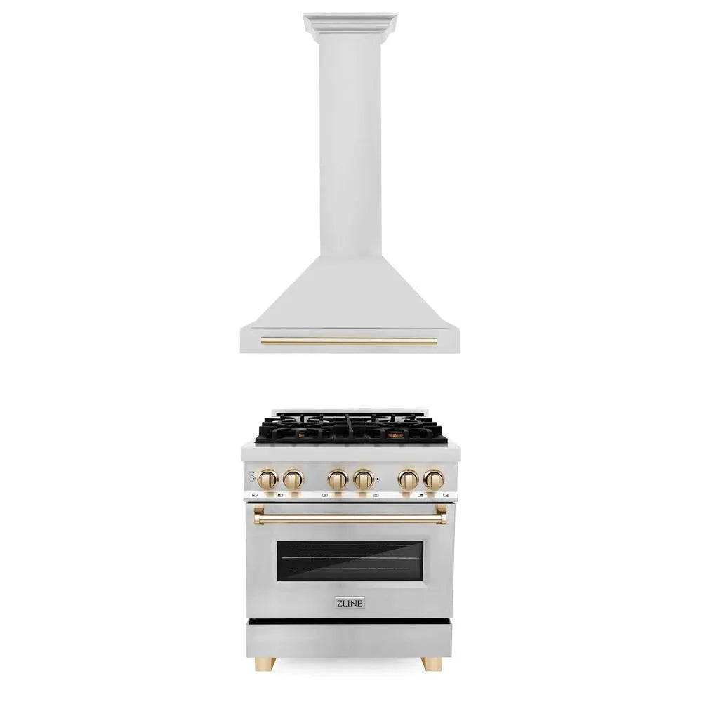 ZLINE Autograph Edition 30 in. Kitchen Package with Stainless Steel Dual Fuel Range and Range Hood with Polished Gold Accents (2AKP-RARH30-G) main image.