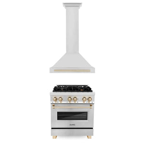 ZLINE Autograph Edition 30 in. Kitchen Package with Stainless Steel Dual Fuel Range and Range Hood with Polished Gold Accents (2AKP-RARH30-G) main image.