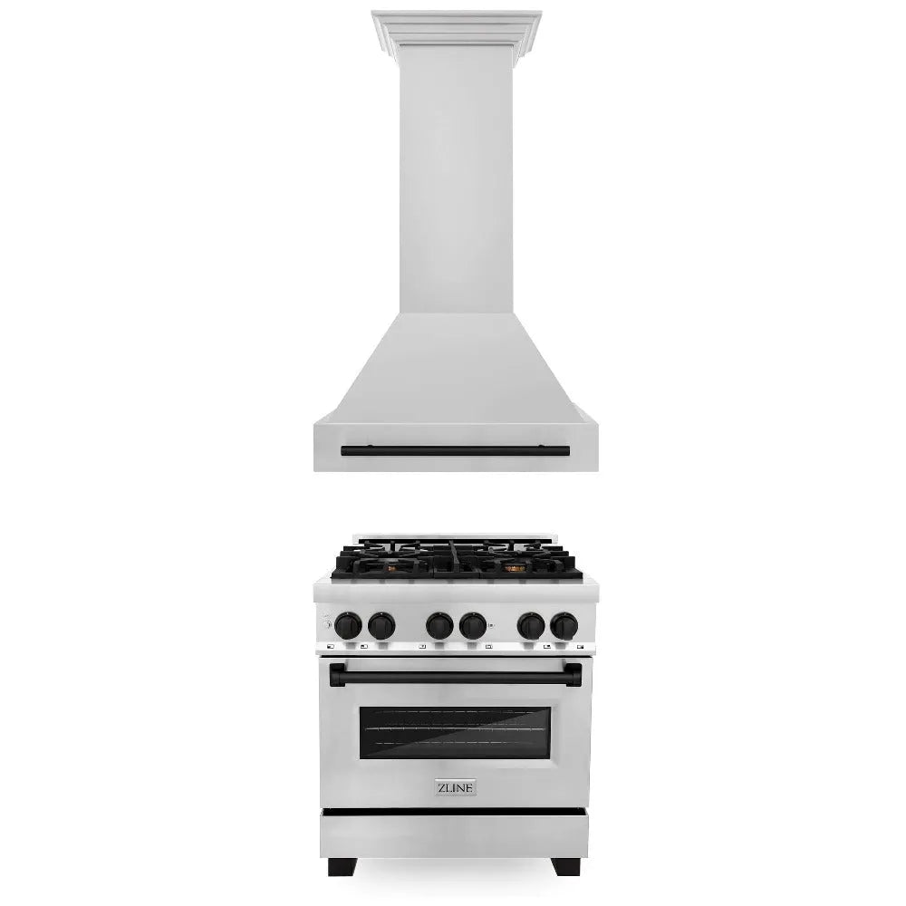 ZLINE Autograph Edition 30 in. Kitchen Package with Stainless Steel Dual Fuel Range and Range Hood with Matte Black Accents (2AKP-RARH30-MB) main image.