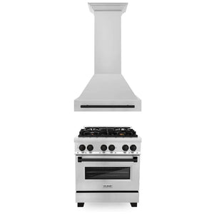 ZLINE Autograph Edition 30 in. Kitchen Package with Stainless Steel Dual Fuel Range and Range Hood with Matte Black Accents (2AKP-RARH30-MB) main image.