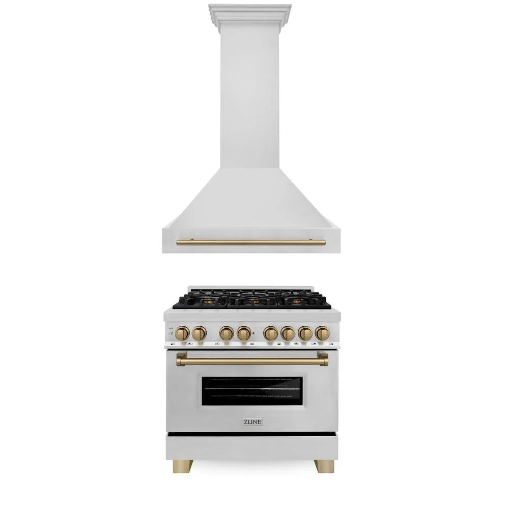 ZLINE Autograph Edition 36 in. Kitchen Package with Stainless Steel Dual Fuel Range and Range Hood with Champagne Bronze Accents (2AKP-RARH36-CB) main image.