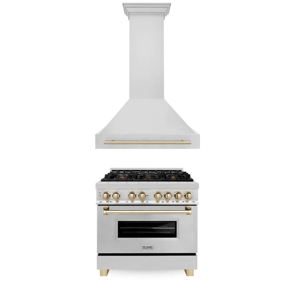 ZLINE Autograph Edition 36 in. Kitchen Package with Stainless Steel Dual Fuel Range and Range Hood with Polished Gold Accents (2AKP-RARH36-G) main image.