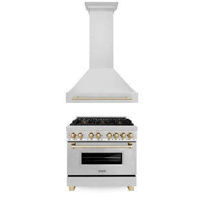 ZLINE Autograph Edition 36 in. Kitchen Package with Stainless Steel Dual Fuel Range and Range Hood with Polished Gold Accents (2AKP-RARH36-G) main image.