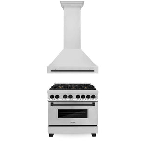 ZLINE Autograph Edition 36 in. Kitchen Package with Stainless Steel Dual Fuel Range and Range Hood with Matte Black Accents (2AKP-RARH36-MB) main image.