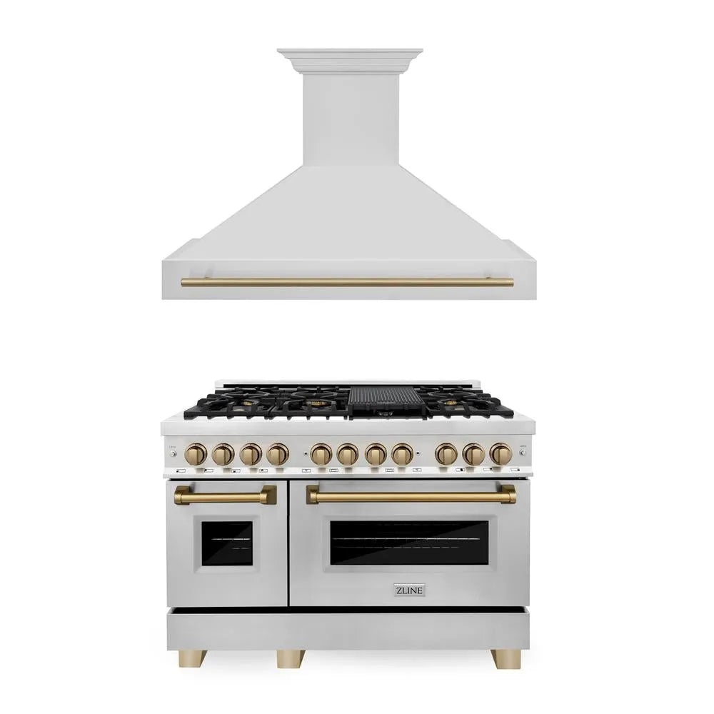 ZLINE Autograph Edition 48 in. Kitchen Package with Stainless Steel Dual Fuel Range and Range Hood with Champagne Bronze Accents (2AKP-RARH48-CB) main image.