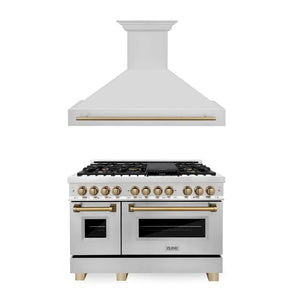ZLINE Autograph Edition 48 in. Kitchen Package with Stainless Steel Dual Fuel Range and Range Hood with Champagne Bronze Accents (2AKP-RARH48-CB) main image.