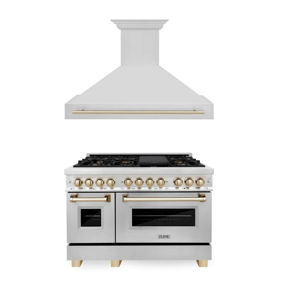 ZLINE Autograph Edition 48 in. Kitchen Package with Stainless Steel Dual Fuel Range and Range Hood with Polished Gold Accents (2AKP-RARH48-G) main image.