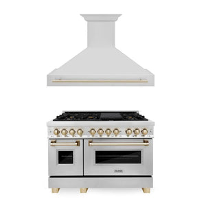 ZLINE Autograph Edition 48 in. Kitchen Package with Stainless Steel Dual Fuel Range and Range Hood with Polished Gold Accents (2AKP-RARH48-G) main image.