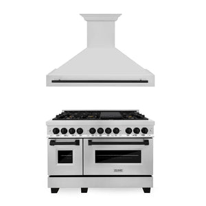 ZLINE Autograph Edition 48 in. Kitchen Package with Stainless Steel Dual Fuel Range and Range Hood with Matte Black Accents (2AKP-RARH48-MB) main image.