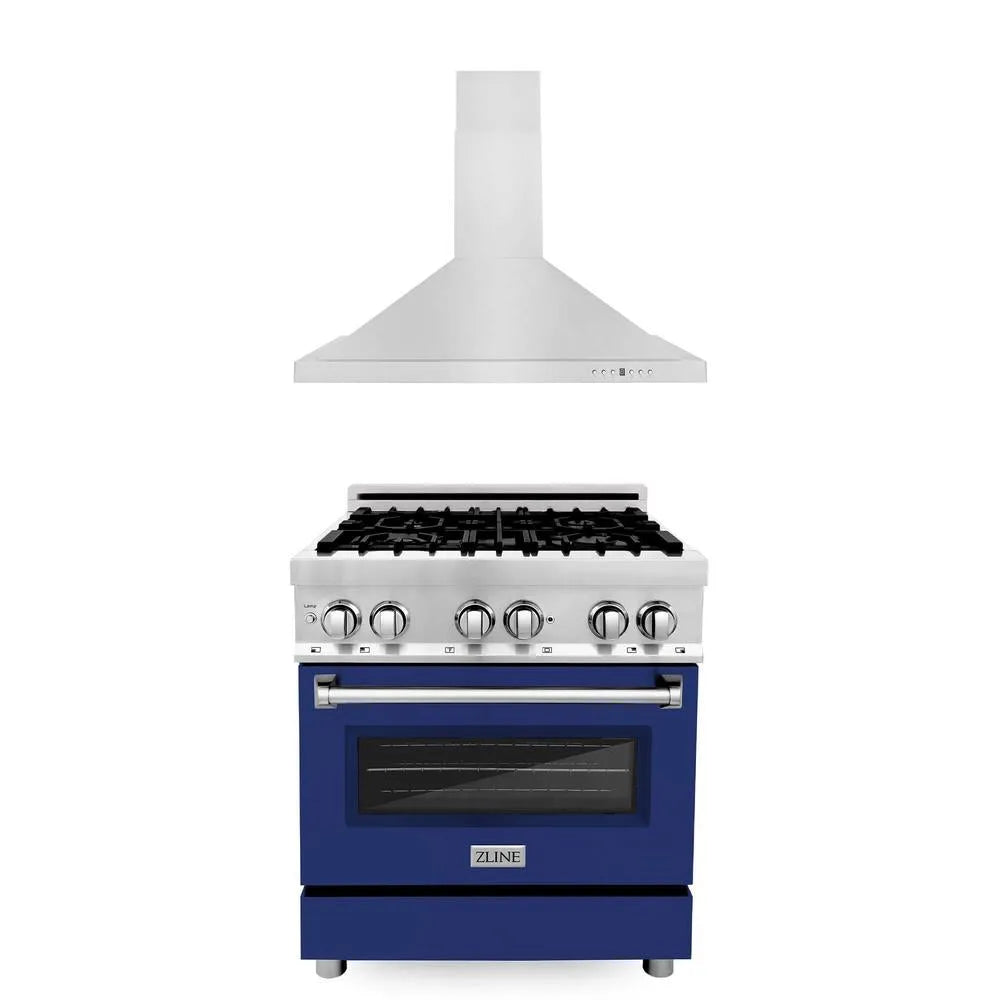 ZLINE 30 in. Kitchen Package with Stainless Steel Dual Fuel Range with Blue Gloss Door and Convertible Vent Range Hood (2KP-RABGRH30) main image.