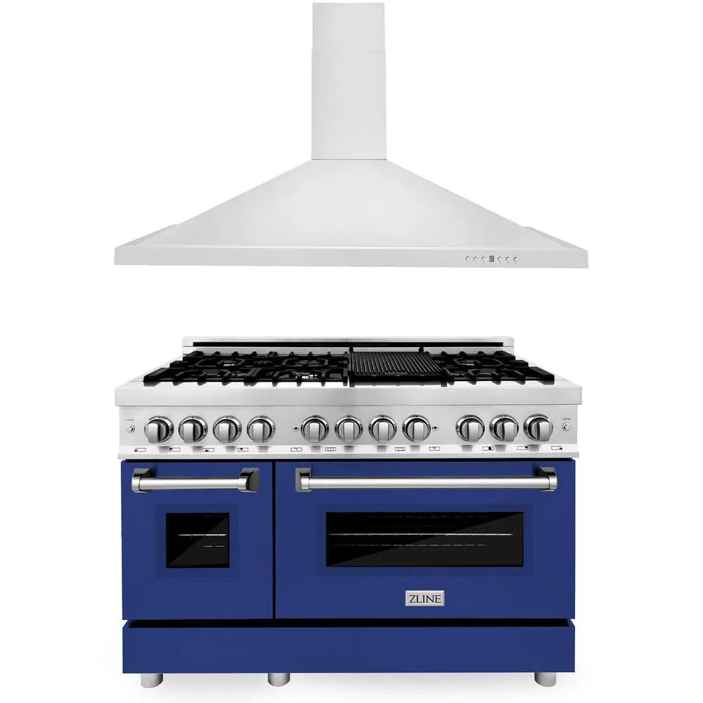 ZLINE 48 in. Kitchen Package with Stainless Steel Dual Fuel Range with Blue Gloss Door and Convertible Vent Range Hood (2KP-RABGRH48) main image.