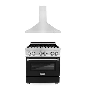 ZLINE 30 in. Kitchen Package with Stainless Steel Dual Fuel Range with Black Matte Door and Convertible Vent Range Hood (2KP-RABLMRH30) main image.