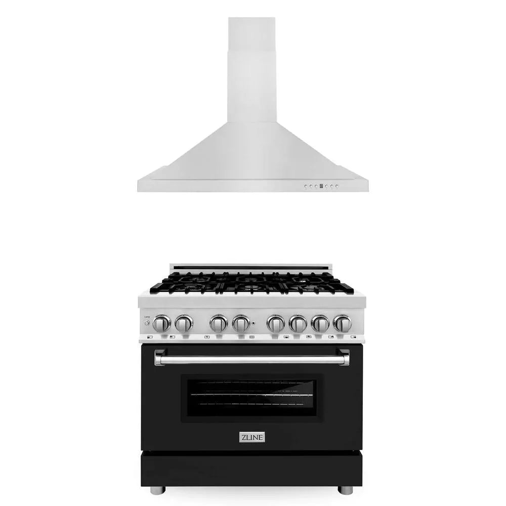 ZLINE 36 in. Kitchen Package with Stainless Steel Dual Fuel Range with Black Matte Door and Convertible Vent Range Hood (2KP-RABLMRH36) main image.