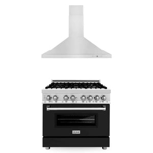 ZLINE 36 in. Kitchen Package with Stainless Steel Dual Fuel Range with Black Matte Door and Convertible Vent Range Hood (2KP-RABLMRH36) main image.