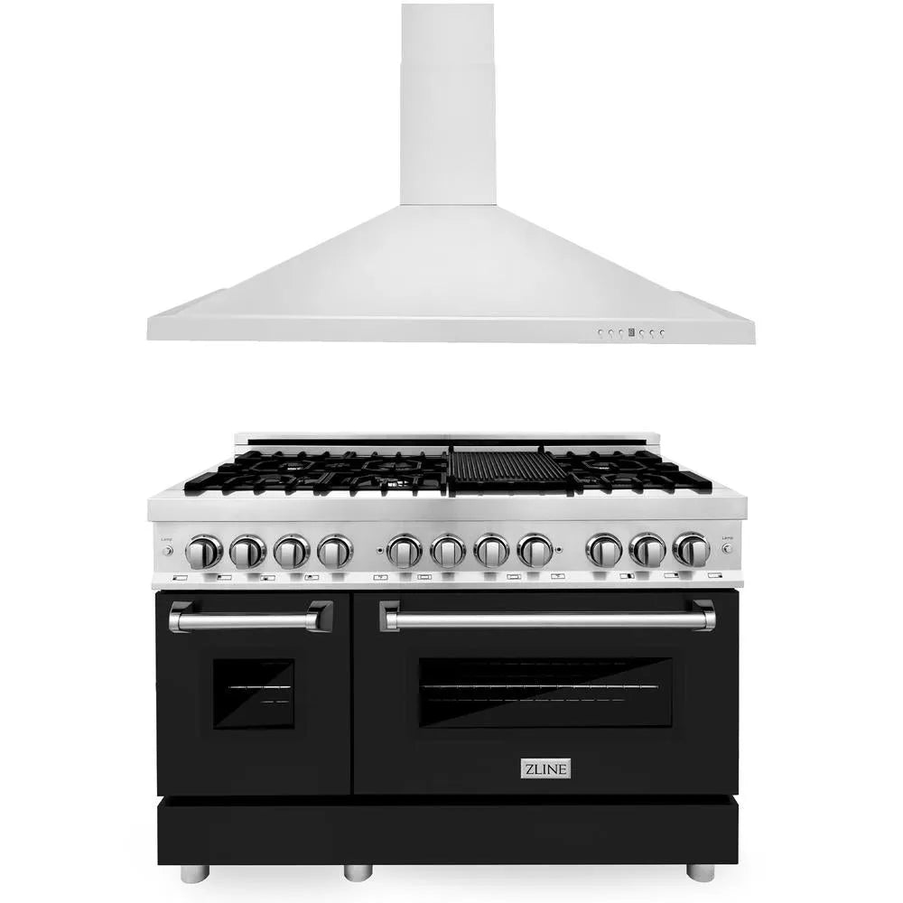 ZLINE 48 in. Kitchen Package with Stainless Steel Dual Fuel Range with Black Matte Door and Convertible Vent Range Hood (2KP-RABLMRH48) main image.
