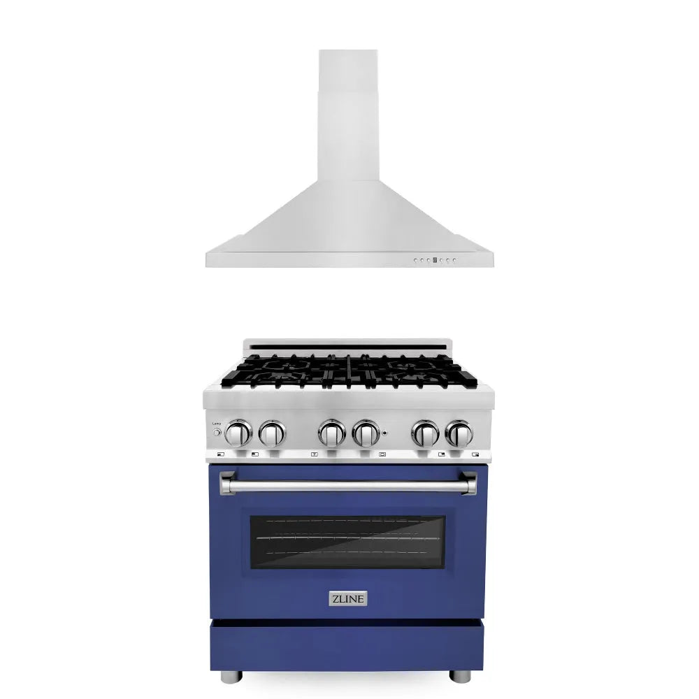 ZLINE 30 in. Kitchen Package with Stainless Steel Dual Fuel Range with Blue Matte Door and Convertible Vent Range Hood (2KP-RABMRH30) main image.