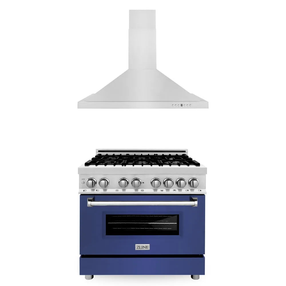 ZLINE 36 in. Kitchen Package with Stainless Steel Dual Fuel Range with Blue Matte Door and Convertible Vent Range Hood (2KP-RABMRH36) main image.