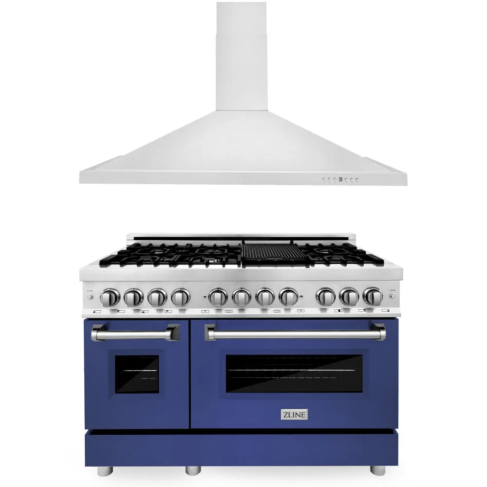 ZLINE 48 in. Kitchen Package with Stainless Steel Dual Fuel Range with Blue Matte Door and Convertible Vent Range Hood (2KP-RABMRH48) main image.