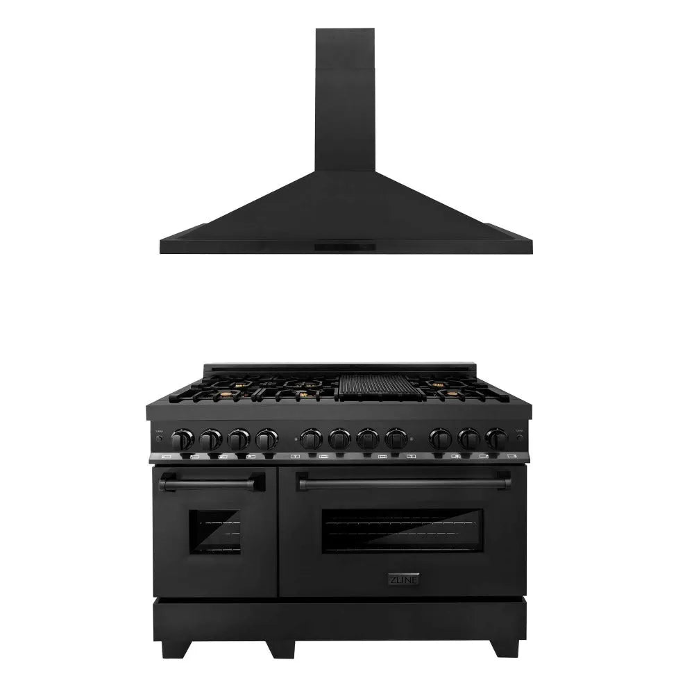 ZLINE 48 in. Kitchen Package with Black Stainless Steel Dual Fuel Range and Convertible Vent Range Hood (2KP-RABRH48) main image.