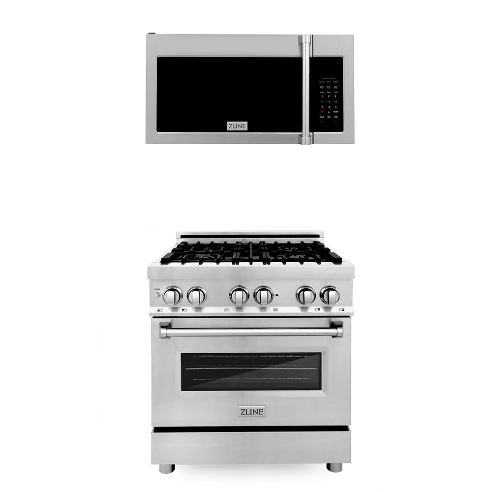 ZLINE 30 in. Kitchen Package Stainless Steel Dual Fuel Range and Over-the-Range Microwave with Traditional Handle (2KP-RAOTRH30)