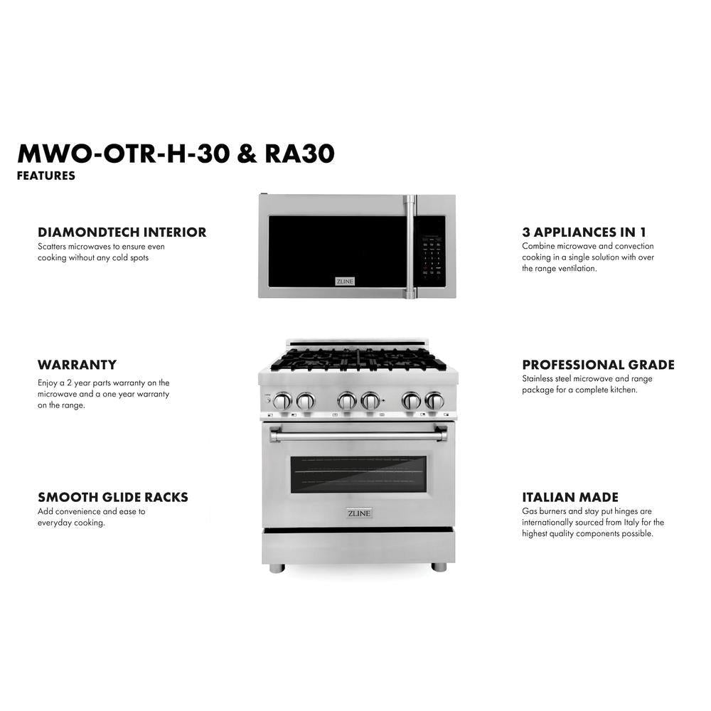 ZLINE 30 in. Kitchen Package Stainless Steel Dual Fuel Range and Over-the-Range Microwave with Traditional Handle (2KP-RAOTRH30)