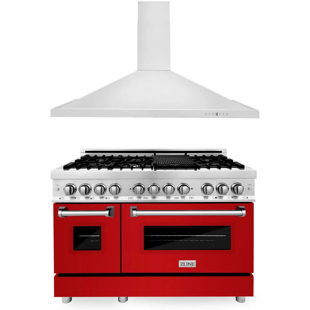 ZLINE 48 in. Kitchen Package with Stainless Steel Dual Fuel Range with Red Gloss Door and Convertible Vent Range Hood (2KP-RARGRH48) main image.