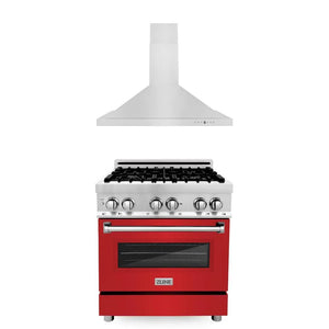 ZLINE 30 in. Kitchen Package with Stainless Steel Dual Fuel Range with Red Matte Door and Convertible Vent Range Hood (2KP-RARMRH30) main image.