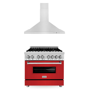 ZLINE 36 in. Kitchen Package with Satin Stainless Steel Dual Fuel Range with Red Matte Door and Convertible Vent Range Hood (2KP-RARMRH36)