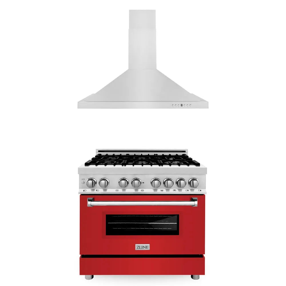 ZLINE 36 in. Kitchen Package with Satin Stainless Steel Dual Fuel Range with Red Matte Door and Convertible Vent Range Hood (2KP-RARMRH36) main image.