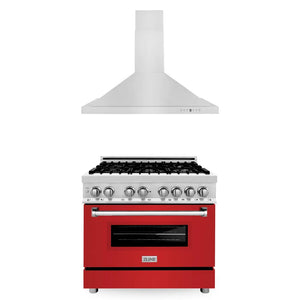 ZLINE 36 in. Kitchen Package with Satin Stainless Steel Dual Fuel Range with Red Matte Door and Convertible Vent Range Hood (2KP-RARMRH36) main image.