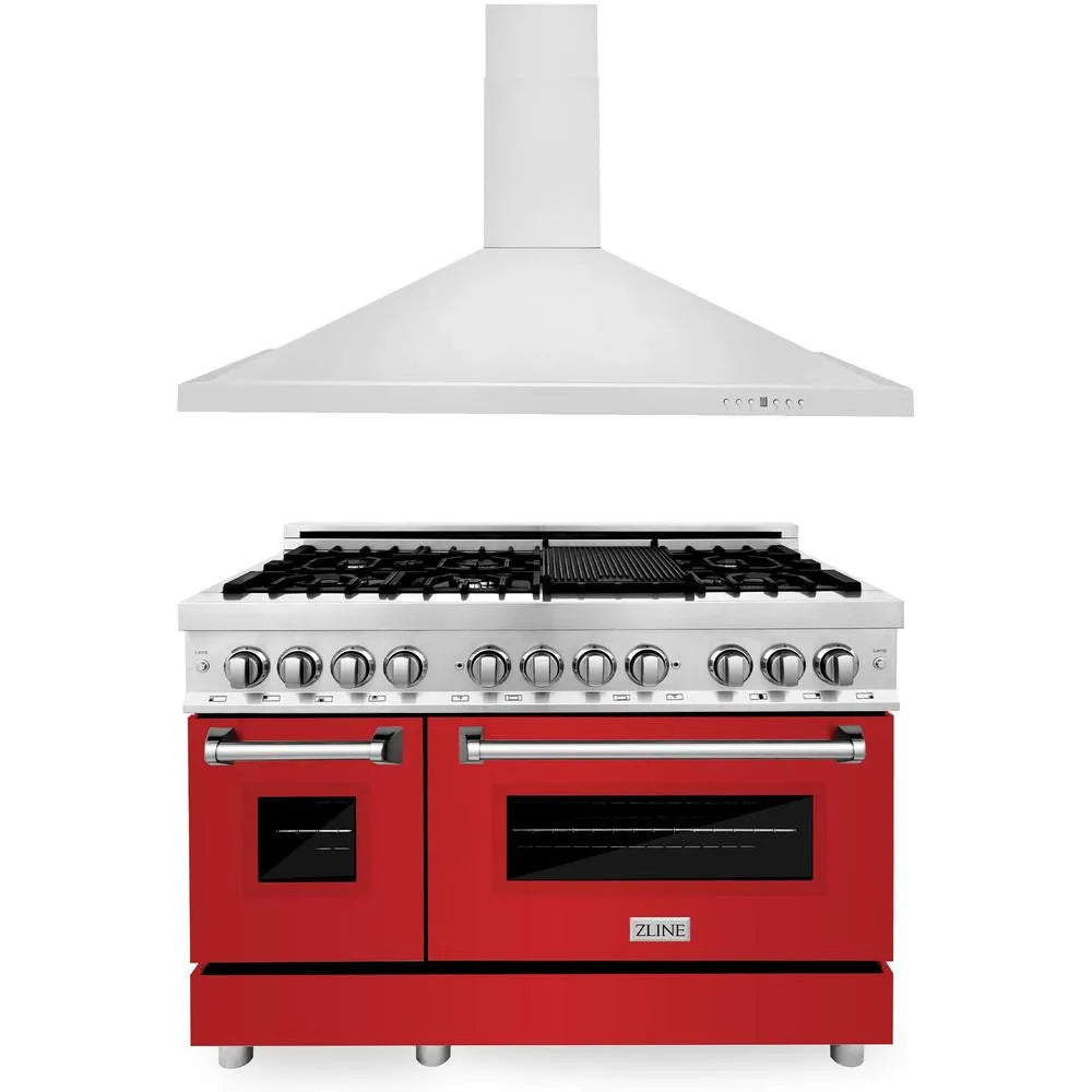 ZLINE 48 in. Kitchen Package with Stainless Steel Dual Fuel Range with Red Matte Door and Convertible Vent Range Hood (2KP-RARMRH48) main image.