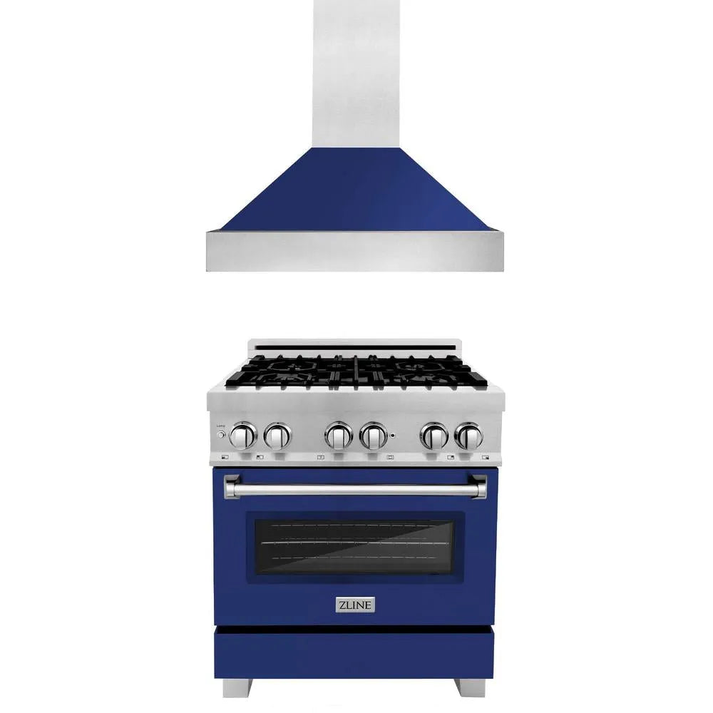 ZLINE 30 in. Kitchen Package with Satin Stainless Steel Dual Fuel Range with Blue Gloss Door and Convertible Vent Range Hood (2KP-RASBGRH30) main image.